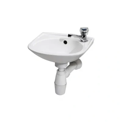 Afbeelding van Differnz Gaia Wastafelset Wasbak Keramiek Wit Gebogen Kraan Chroom Standaard Greep 32 x 28 15 cm