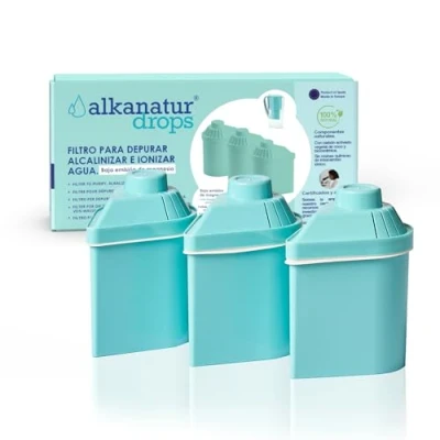 Afbeelding van Alkanatur Drops 3 stuks milieuvriendelijke filters met lage emissie zuivert alkalisch waterstofioniseert verwijdert chloor, zware metalen en pesticiden voegt magnesium toe pH 9