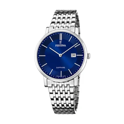 Afbeelding van Festina Herenhorloge F20018/2, gemaakt in Zwitserland, zilverkleurige roestvrijstalen kast, armband, zilver/blauw, zilver/blauw., armband