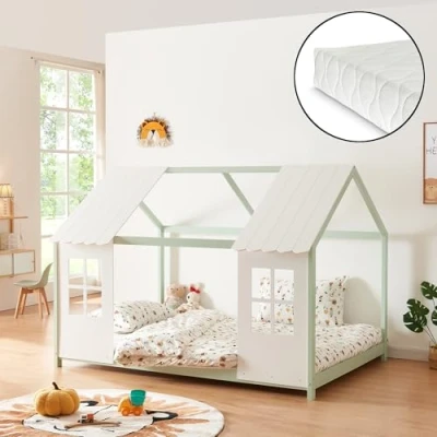 Afbeelding van Kinderbed Tostedt huisbed met matras 120x200 cm mint en wit [en.casa]