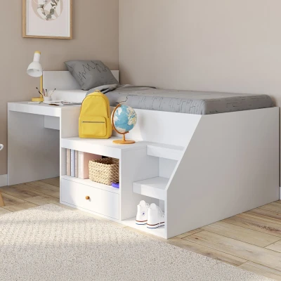 Afbeelding van LEOPOLD 90 x 190 cm wit combinatiebed met lattenbodem, bureau en opbergruimte