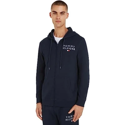Image de Tommy Hilfiger Pull à capuche zippé avec logo pour homme, Bleu (Desert Sky), XL