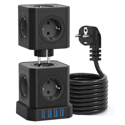 Afbeelding van Voomy Toren Cube Stekkerdoos 4 USB Poorten en Schakelaar Powercube 10 Stopcontacten Overspanningsbeveiliging Zwart