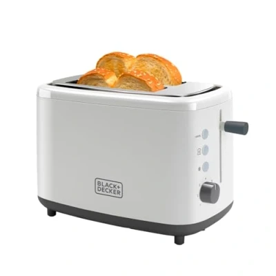 Afbeelding van Black+Decker BXTO820E Broodrooster 820 W. 2 brede gleuven 7 roosterniveaus Auto centrerend systeem Functies: Stop, verwarmen en ontdooien. Lade om kruimels op te vangen. Antislipvoetjes. Wit