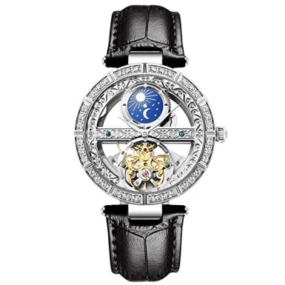Afbeelding van RORIOS Dameshorloge, automatisch horloge, mechanische horloges, oplichtend horloge met leren armband, modieus, waterdichte dameshorloges, zwart (A)