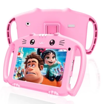 Afbeelding van VESWWE tablet voor kinderen, 7 inch Android, met wifi, 32 GB ROM, tablet, touchscreen, educatief, ouderlijk toezicht, dubbele camera, kinderbescherming, beschermhoes (roze)