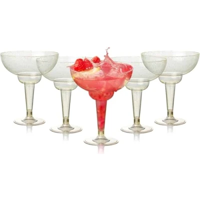 Afbeelding van MATANA 48 Herbruikbare Plastic Margarita Cocktailglazen 360ml met Gouden Glitter
