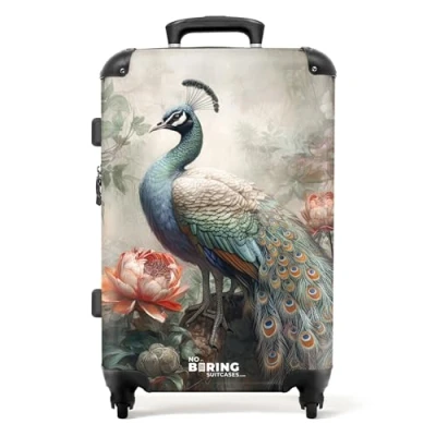 Afbeelding van NoBoringSuitcases.com® Koffer groot Rolkoffer lichtgewicht Pauw met kleurrijke veren midden in de jungle Reiskoffer 4 wielen Grote trolley XL 20 kg bagage