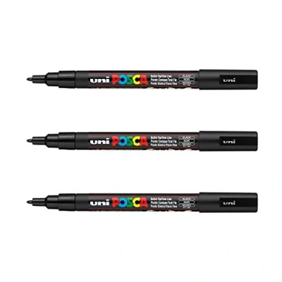 Afbeelding van POSCA Mitsubishi Pencil PC3M Markers, zwart, 3 stuks, conische punt, fijne verfmarker op waterbasis, alle ondergronden, voor papier, textiel, glas, kiezelsteen, hout, enz.