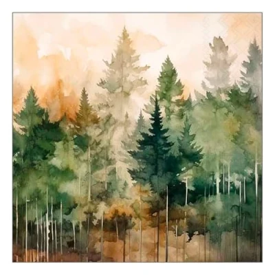 Afbeelding van 20 papieren servetten met aquarelbos, ook geschikt voor decoupage en servettechniek, 33 x cm