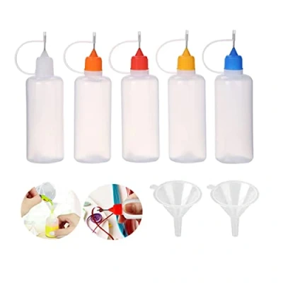 Afbeelding van 5 x 120 ml lege lijmflessen met 2 mini trechters, kunststof applicatorflessen naaldpunten voor lijm, vloeistof, knutselen, acrylverf (meerkleurig)