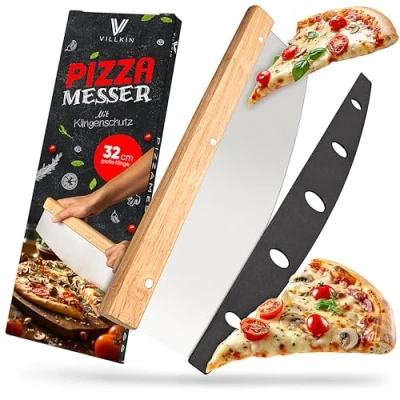 Afbeelding van Villkin Pizzames met 32 cm lemmet scherpe pizzasnijder van roestvrij staal houten handvat groot weegmes efficiënter dan pizzarol (groot)