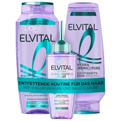 Afbeelding van L&#039;Oréal Paris Elvital Hydra [Hyaluronic] Pure Kit: shampoo 300 ml, conditioner 250 ml en 102 serum, voor glanzend haar langdurige frisheid