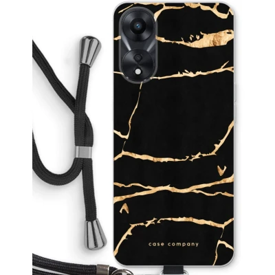 Afbeelding van Case Company® hoesje met Koord geschikt voor Oppo A78 5G Gouden marmer Telefoonhoesje Zwart Bescherming aan alle Kanten en Over de Schermrand
