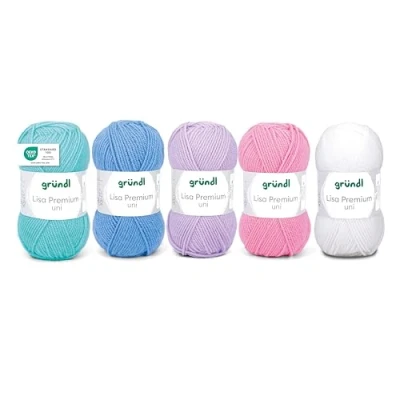 Afbeelding van Gründl Lisa Premium Uni garen voor breien en haken, 100% Polaycryl, 50 g/133 m, 5 bollen van g, breiset, haakset, pastelmix
