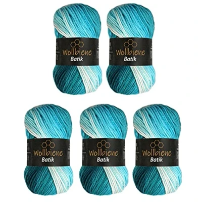 Afbeelding van Wollbiene Batik 5 x 100 gram bijenwol 500 met kleurverloop meerkleurig 5200 petrol turquoise wit
