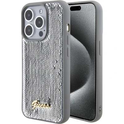 Afbeelding van Guess Sequin Script Metalen hoesje voor iPhone 15 Pro Max zilver