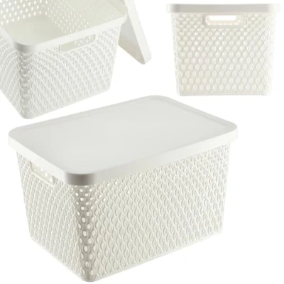 Afbeelding van KADAX Opbergmand, mand met deksel, opbergdoos, kunststof moderne plankmand, container ventilatiegaten (18 l, wit)