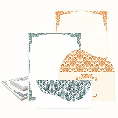 Afbeelding van ANZON MORIES 48 vellen dubbelzijdig gelinieerd en 24 enveloppen, kantpatroon 2 kleuren marineblauw, oranje, gouden rand, briefpapier 21,6 x 27,9 cm