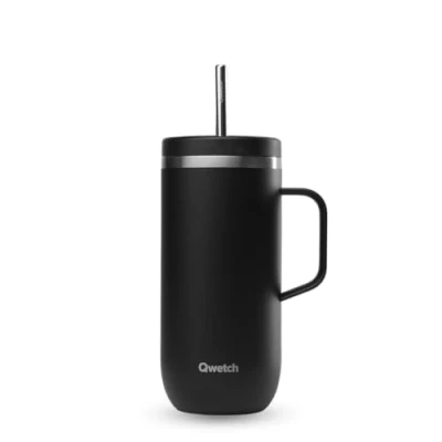 Afbeelding van QWETCH Cold Cup 600 ml met handvat en rietje 24 uur ijskoud 12 koud zwart thermosfles van roestvrij staal, BPA vrij, koffiemok