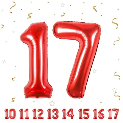 Afbeelding van Ballonnen verjaardag 17 rood 100 cm ballon cijfer 17, nummer Happy Birthday decoratie, ballonnen, verjaardagsfeest, jaren vliegt dankzij helium