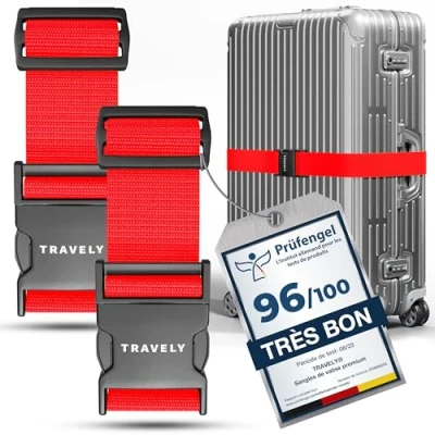 Afbeelding van Travely® Set van 2 hoogwaardige kofferriemen, bijzonder zichtbaar en veilig, met naamlabels, ideale kofferriem aan het kruis, Rood