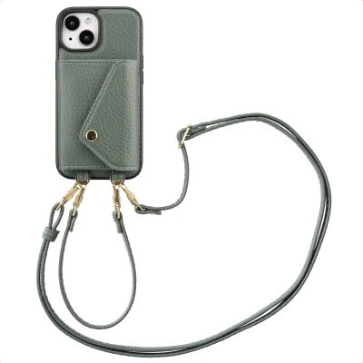 Afbeelding van Selencia Hoesje Geschikt voor iPhone 15 Met Pasjeshouder Sera Koordhoesmet pashouder envlop Groen