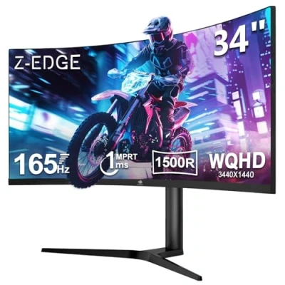 Afbeelding van Z Edge 34 inch gebogen gaming pc monitor, UWQHD (3440 x 1440), 165 Hz, 1 ms, Ultrawide Monitor 21:9 met DP kabel, AMD FreeSync, in hoogte verstelbaar, 1500R, 300cd/m², 2 HDMI2.0&amp; DP1.4, RGB,