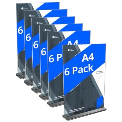 Afbeelding van QWORK® Set van 6 A4 acryl paneelhouders met basis, dubbelzijdige displaystandaard voor kantoor, hotel, restaurant, tentoonstelling, bruiloft