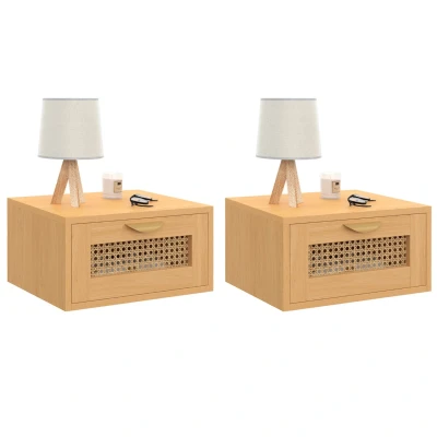 Image de Lot de 2 tables chevet murales EDHEN 1 tiroir étagère suspendue cannage et bois IDMarket