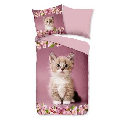 Afbeelding van Good Morning Kinderdekbedovertrek &quot;kitten poes met bloemen&quot; Roze (135x200 cm) Katoen