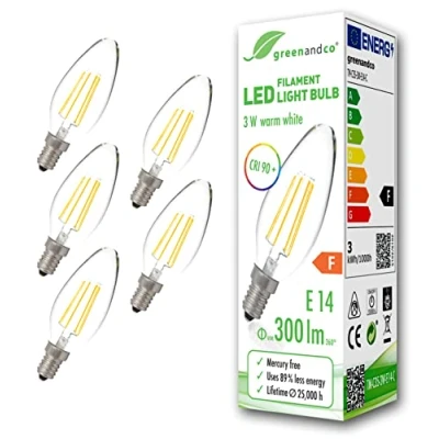 Afbeelding van Greenandco® CRI 90+ led gloeilamp, E14, 3 W (komt overeen met 28 W), 300 lm, 2700 K, warm wit, 360 graden, 230 V, glas, geen flikkeren, niet dimbaar, 5 stuks