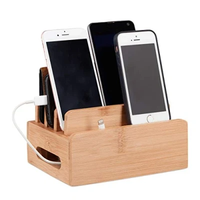 Afbeelding van Relaxdays bamboe kabelbox 6 apparaten kabelorganizer telefoonhouder oplaadstation