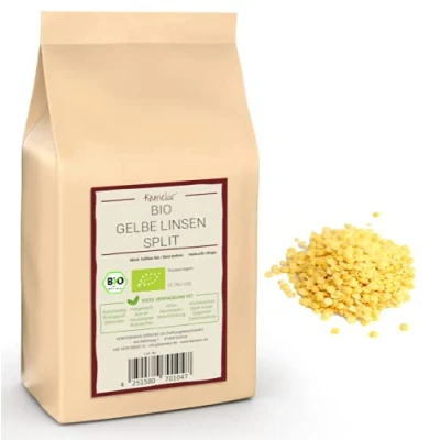 Afbeelding van 500 g gele lenzen van gedroogde bio lenzen, lechtumineuze, gespleten en gepolijste biologische in biologisch afbreekbare verpakking