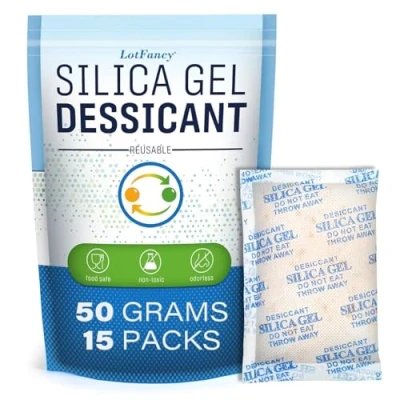 Afbeelding van LotFancy 15 zakjes silicagel, droogmiddel, regenereerbaar, met conserveerindicator voor elektronica, levensmiddelen, filamenten, 50 g