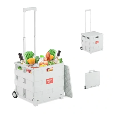 Afbeelding van Relaxdays Opvouwbare boodschappentrolley met wielen, deksel en telescopische handgreep, tot 35 kg, wit