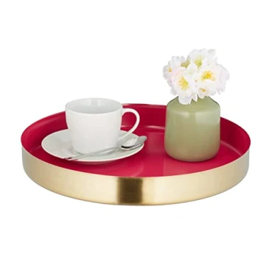 Afbeelding van Relaxdays dienblad modern goud 32 cm decoratief serveerblad rvs hoge rand rond rood