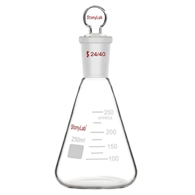 Afbeelding van stonylab Erlenmeyer glazen fles met dop, dikwandige van borosilicaatglas, 250 ml, standaard conische buitenafdichting 24/40 en sluiting