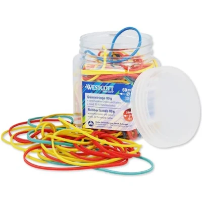Afbeelding van Westcott E 10581 00 80 g gekleurde rubberen ringen in verschillende maten praktische kunststof container, 60 mm, 50 mm en 38 huishoudelastiekjes