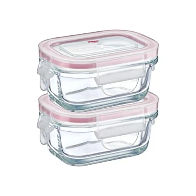 Afbeelding van Set, 2 glazen vershouddozen met clipdeksel, inhoud: 120 ml, cadeau voor diepvriezer, magnetron en ovenvast, glas/siliconen/kunststof, transparant/rood