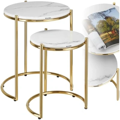 Afbeelding van tectake® Bijzettafel Ellsa Set van 2 in elkaar schuifbare Bijzettafels met Marmeren Blad 43 x 50,5 en 33 40,5 cm Wit/Goud Salontafel Bedtafel Draagkracht 12kg per Tafel
