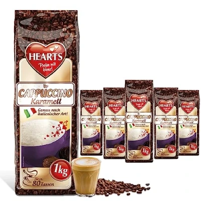 Afbeelding van Hearts Cappuccino Caramel, 5 x 1 kg oplosbaar koffiepoeder, gemakkelijk oplosbaar, stuks, ca. 400 kopjes
