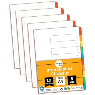 Afbeelding van perfect line 5 stuks, 10 DIN A4 gekleurde tabbladen met voorblad (5 x 10), 22,3 29,7 cm, registerverdelers, verschillende kleuren, perfecte organisatie in het kantoor voor ordners