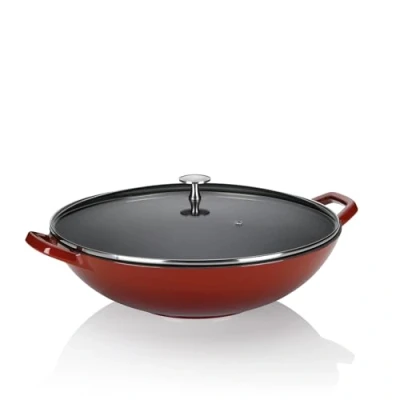 Image de Grand wok en fonte émaillé rouge avec couvercle verre