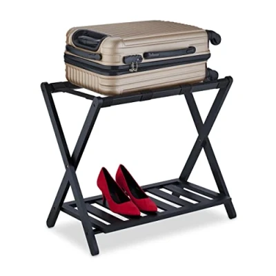 Afbeelding van Relaxdays Opvouwbare bagagedrager van bamboe, 59 x 68 40 cm (h b d), met plank, voor hotel, zwart