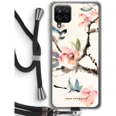 Afbeelding van Case Company® hoesje met Koord geschikt voor Samsung Galaxy A12 Japanse bloemen Telefoonhoesje Zwart Bescherming aan alle Kanten en Over de Schermrand