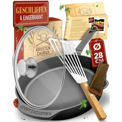 Afbeelding van KRUSTENZAUBER koekenpan 28 cm inclusief glazen deksel en visspatel gietijzeren pan skillet met houder Hapjespan voor gas, inductie, elektrisch fornuis