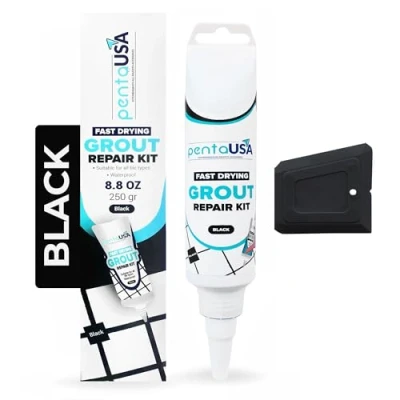 Afbeelding van PentaUSA Tegelafdichting, tegellijm, afdichting voor badkamer, repareert en vernieuwt, voegmiddel tegels, reparatieset met spatel, 250 g, zwart