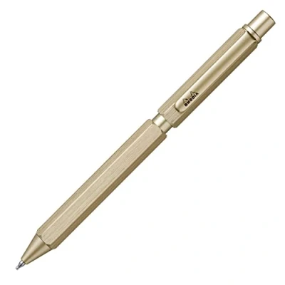 Afbeelding van RHODIA 9345C Multipen ScRipt 3 in 1 2 balpennen 0,5 mm, zwart en rood + vulpotlood grafiet zeshoekige behuizing van goudkleurig geborsteld aluminium, navulbaar, gum onder de schuiver