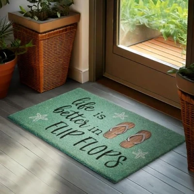 Afbeelding van BRUBAKER Life is Better Deurmat voor buiten en binnen, 45 x 75 cm, vuilvangmat van 100% kokos, antislip, weerbestendig huisdeur, turquoise